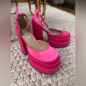 STEVE MADDEN Charlize Satin Double Platform Ankle Strap Pumps - Pink - 8